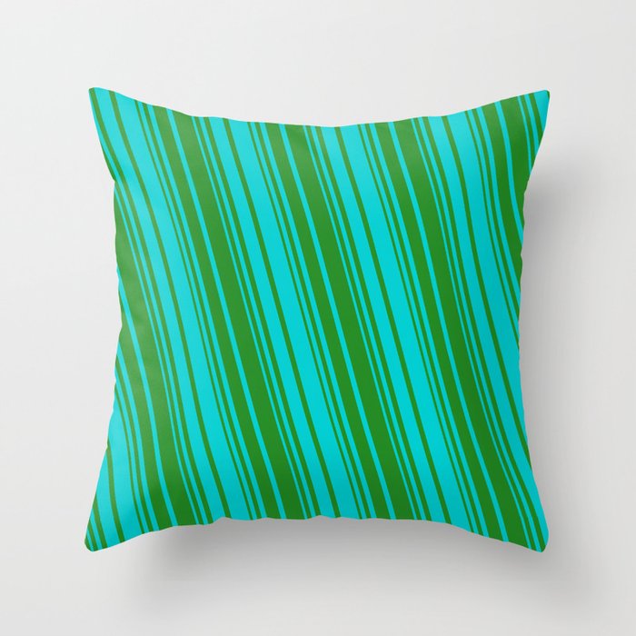 Forest Green & Dark Turquoise Colored Striped Pattern Throw Pillow