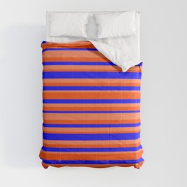 [ Thumbnail: Blue, Coral & Red Colored Striped Pattern Comforter ]