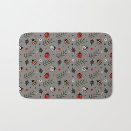 Ladybug and Floral Seamless Pattern on Grey Background Bath Mat