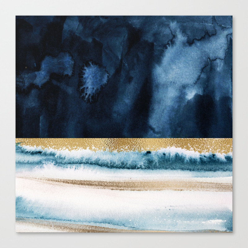 Navy Blue Gold And White Abstract Watercolor Art Canvas Print By