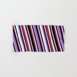 [ Thumbnail: Purple, Light Cyan, Brown, and Black Colored Striped/Lined Pattern Hand & Bath Towel ]