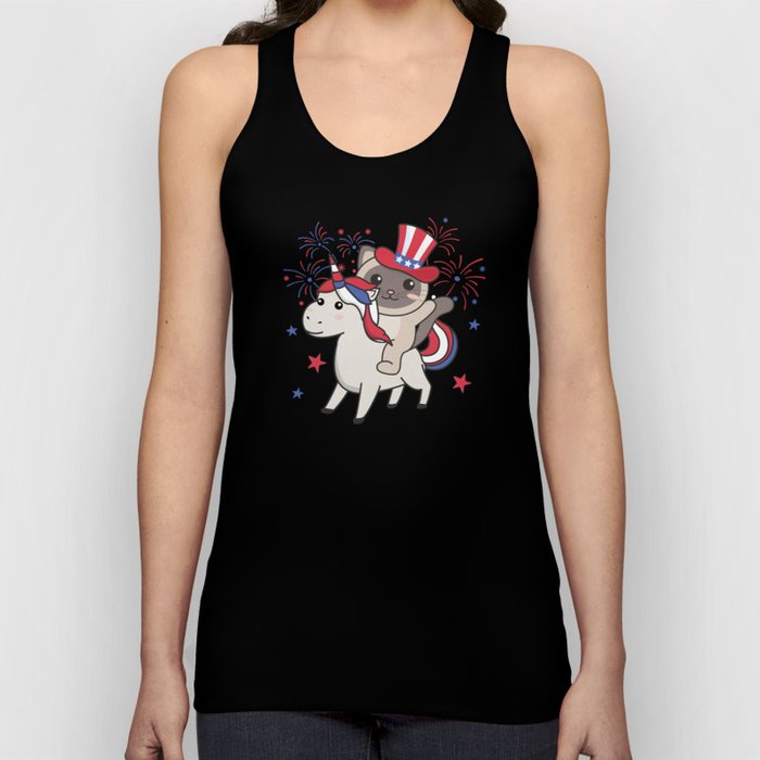 Cat With Unicorn For Fourth Of July Fireworks Tank Top