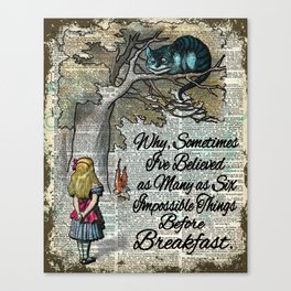 Vintage Alice in Wonderland and Cheshire cat dictionary art background Canvas Print