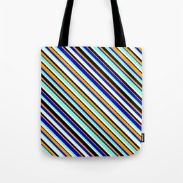 [ Thumbnail: Vibrant Mint Cream, Black, Orange, Blue & Aquamarine Colored Lined/Striped Pattern Tote Bag ]