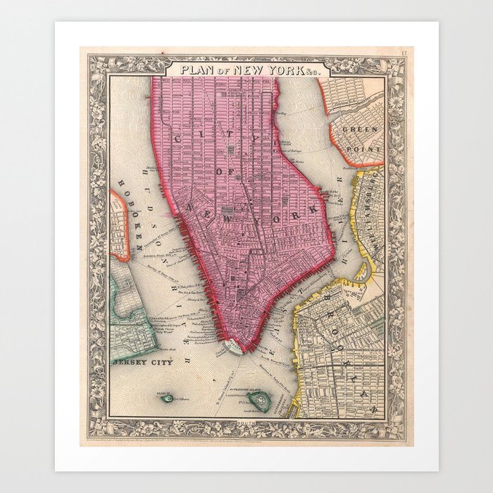 Vintage Map of Lower New York City (1860) Art Print by BravuraMedia Society6