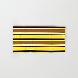 [ Thumbnail: Yellow, White, Sienna & Black Colored Stripes/Lines Pattern Hand & Bath Towel ]