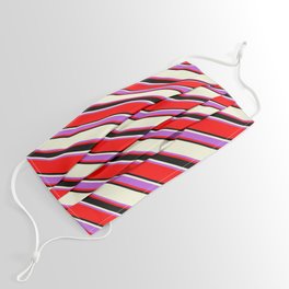 [ Thumbnail: Beige, Orchid, Red & Black Colored Striped/Lined Pattern Face Mask ]