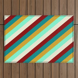 [ Thumbnail: Eye-catching Dark Cyan, Goldenrod, Aquamarine, Beige, and Dark Red Colored Lined Pattern Outdoor Rug ]