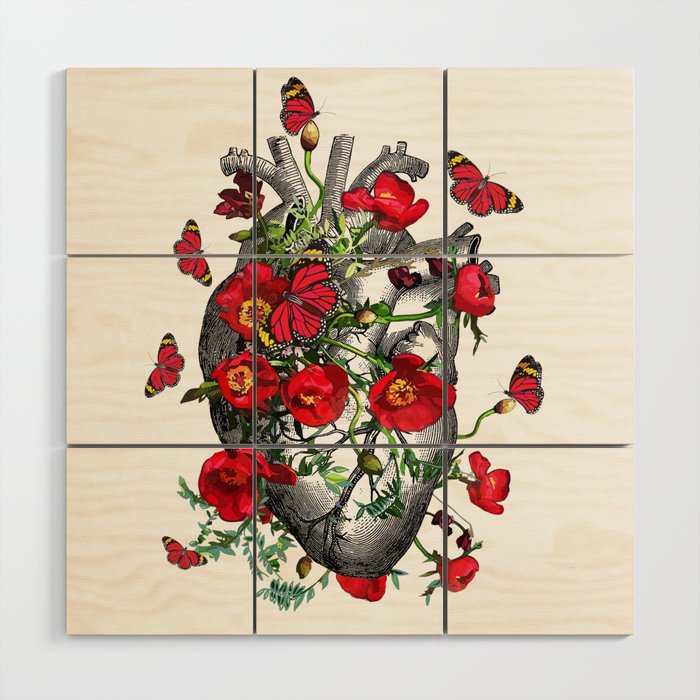 Human heart anatomy with beautiful butterflies and red anemones, floral art of human heart illustration Wood Wall Art