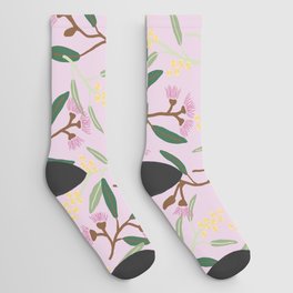 Australian wattle flowers, gum blossoms, eucalyptus leaves on blush pink Socks