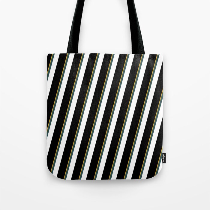 Goldenrod, Dark Slate Gray, White, and Black Colored Striped Pattern Tote Bag