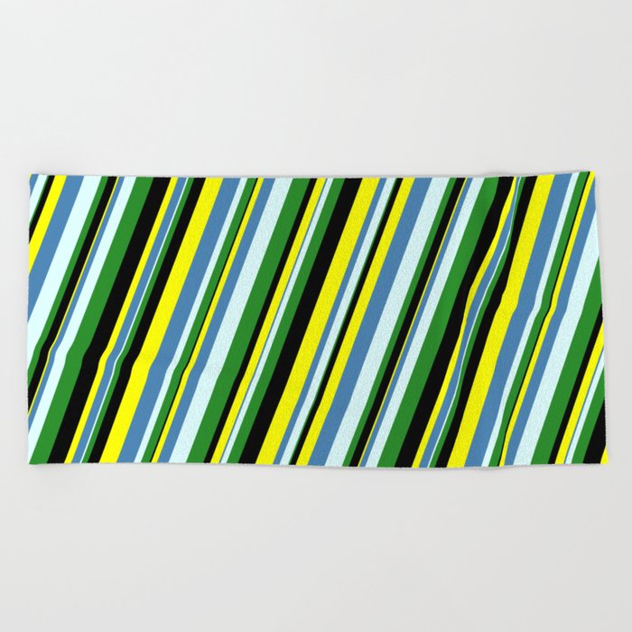 Yellow, Blue, Light Cyan, Forest Green, and Black Colored Stripes Pattern Beach Towel