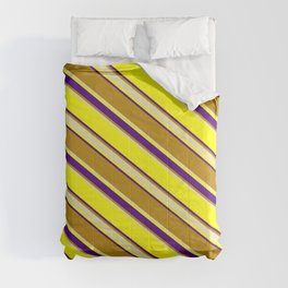 [ Thumbnail: Yellow, Indigo, Dark Goldenrod, and Pale Goldenrod Colored Stripes/Lines Pattern Comforter ]