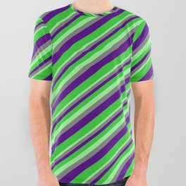 [ Thumbnail: Green, Gray, Indigo, and Lime Green Colored Stripes Pattern All Over Graphic Tee ]