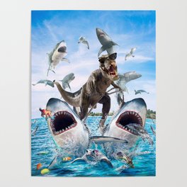 Dinosaur Riding Sharks Poster