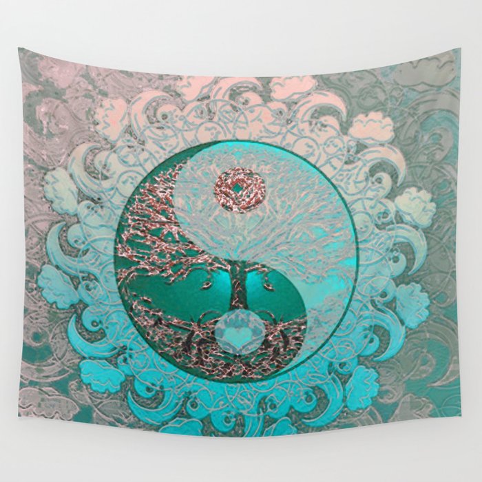 Pretty Chic Teal Tree of Life with Yin Yang and Heart Wall Tapestry