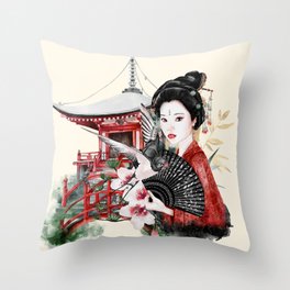 Beautiful Geisha In A Japanese Garden Throw Pillow