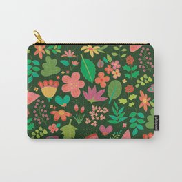 Garden Scatter - Warm Spring Colours on Dark Forest Green (floral pattern) Carry-All Pouch | Apricot, Green, Bees, Paisleymcnoodle, Beetles, Yellow, Butterfly, Nature, Patterngarden, Pink 