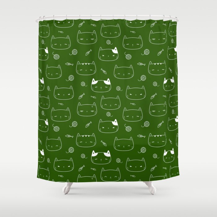 Green and White Doodle Kitten Faces Pattern Shower Curtain
