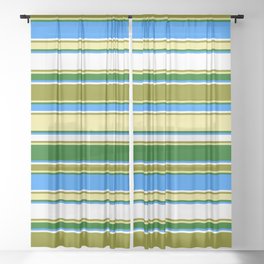 [ Thumbnail: Eyecatching Green, Tan, Dark Green, Blue, and White Colored Lines Pattern Sheer Curtain ]
