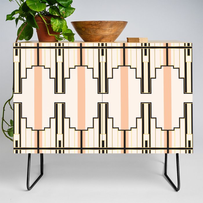 Art Nouveau Geometry Abstract Peach, Beige, Cream, Tan, Black, Gold, Bronze, Art Deco, Elegant, Vintage, Chic, Belle Epoque Credenza