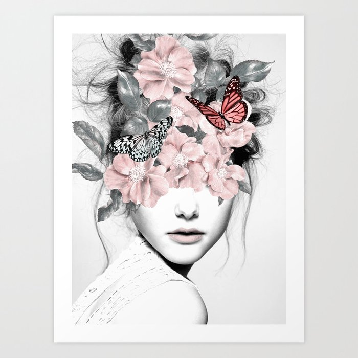 WOMAN WITH FLOWERS 10 Art Print | Photography, Digital, People, Nature, Abstract, Butterflies, Butterfly, Floral, Flora, Roses