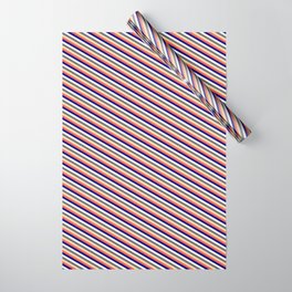 [ Thumbnail: Eye-catching Red, Blue, White, Dim Gray & Tan Colored Lined/Striped Pattern Wrapping Paper ]
