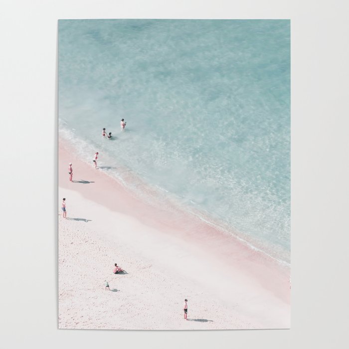 Aerial Beach Love Print - Pastel Pink Beach - Sea Ocean Travel photography by Ingrid Beddoes Poster