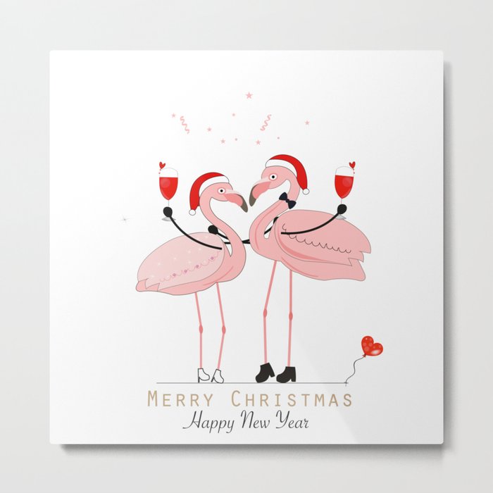 Flamingos. Wine glass with a loving couple Metal Print