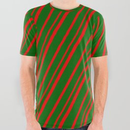 [ Thumbnail: Dark Green & Red Colored Lines Pattern All Over Graphic Tee ]