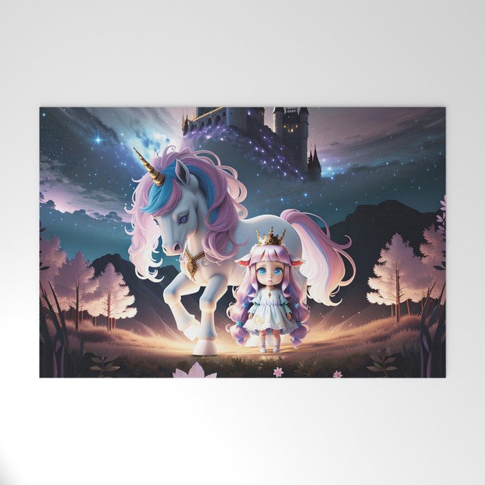 Unicorn and Little Girl in Enchanted Forest Welcome Mat