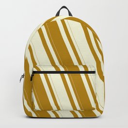 [ Thumbnail: Dark Goldenrod & Beige Colored Stripes Pattern Backpack ]