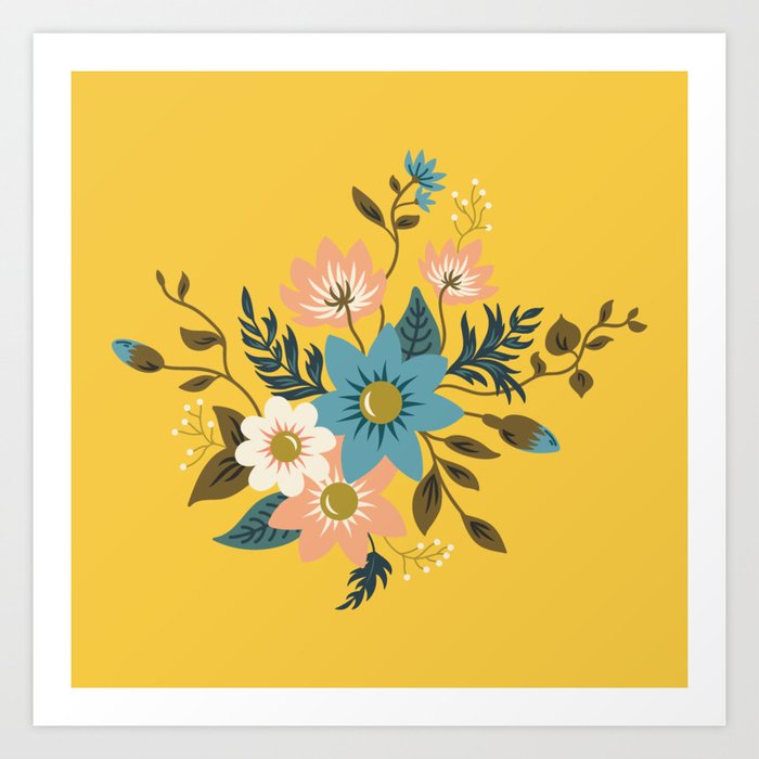 Flowers Art Print | Graphic-design, Illustration, Digital, Flowers, Floral, Yellow, Pattern, Botanical, Decor, Spring