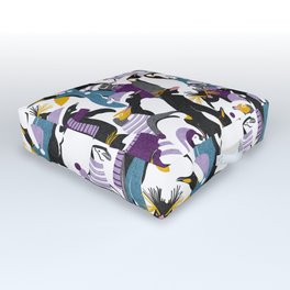 Merry penguins // black white grey dark teal yellow and coral type species of penguins purple dressed for winter and Christmas season (King, African, Emperor, Gentoo, Galápagos, Macaroni, Adèlie, Rockhopper, Yellow-eyed, Chinstrap) Outdoor Floor Cushion