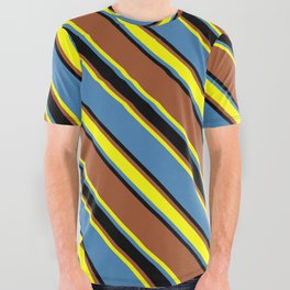 [ Thumbnail: Sienna, Yellow, Blue, and Black Colored Lines/Stripes Pattern All Over Graphic Tee ]