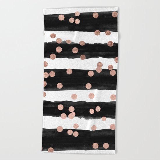 Girly rose gold confetti black watercolor stripes Beach Towel
