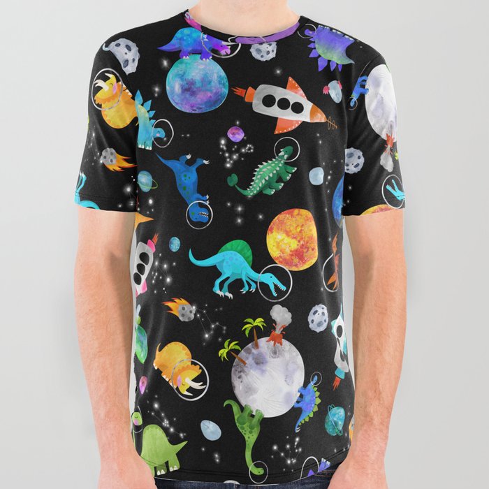 Dinosaur Astronauts In Outer Space All Over Graphic Tee