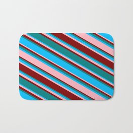[ Thumbnail: Teal, Deep Sky Blue, Light Pink, and Maroon Colored Striped Pattern Bath Mat ]