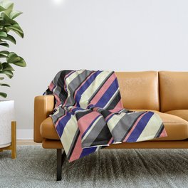 [ Thumbnail: Eye-catching Light Coral, Midnight Blue, Light Yellow, Dim Grey, and Black Colored Striped Pattern Throw Blanket ]