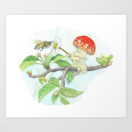 A little mushroom meets a bee Art Print