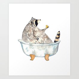 Raccoon taking bath watercolor painting  Art Print