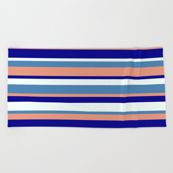 Blue, Dark Salmon, Dark Blue & Mint Cream Colored Stripes Pattern Beach Towel