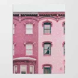 Romantic Pink Buildings in a Snowy Day  Poster