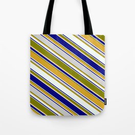 [ Thumbnail: Colorful Light Gray, Green, Goldenrod, Mint Cream, and Blue Colored Pattern of Stripes Tote Bag ]