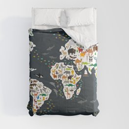 Cartoon animal world map for children, kids, Animals from all over the world, back to school, gray Comforter
