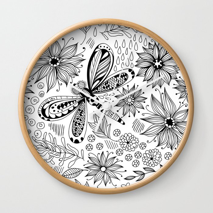 Dragonfly and flowers doodle Wall Clock