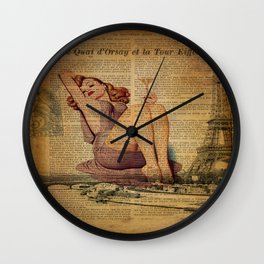 vintage newspaper print paris eiffel tower pin up girl Wall Clock