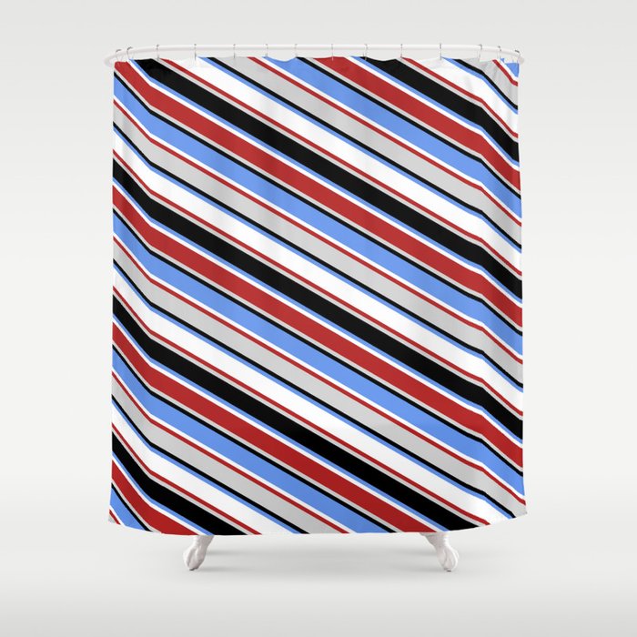 Eyecatching Cornflower Blue, White, Red, Light Gray & Black Colored Lined/Striped Pattern Shower Curtain