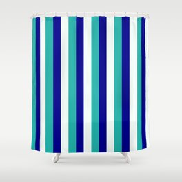 [ Thumbnail: Light Sea Green, Mint Cream & Dark Blue Colored Pattern of Stripes Shower Curtain ]