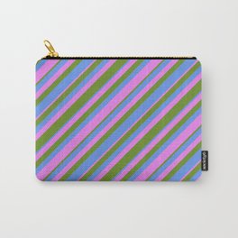 [ Thumbnail: Green, Cornflower Blue & Violet Colored Striped Pattern Carry-All Pouch ]